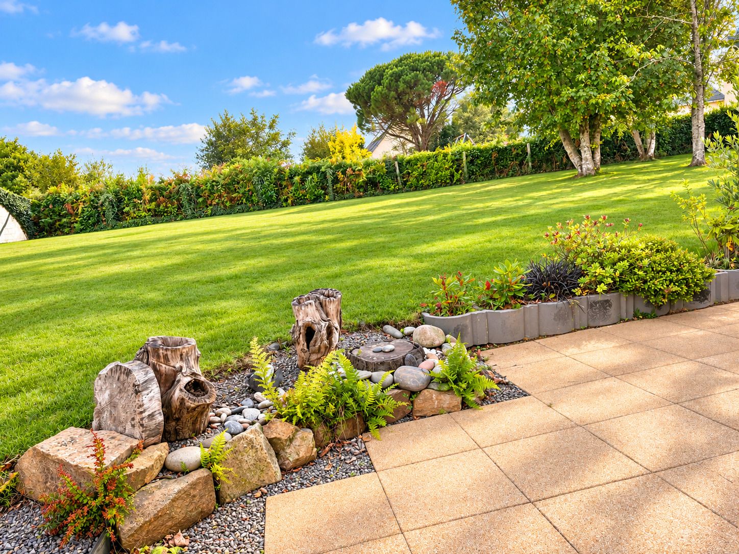 Jardin paysager sous ciel bleu